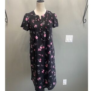 Aria Collection Womens Black Pink Floral Ribbed Knit Nightgown Sleep Dress S NEW